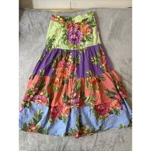 Farm Rio Anthropologie Cotton Floral Patchwork Tiered Maxi Skirt Multicolor L